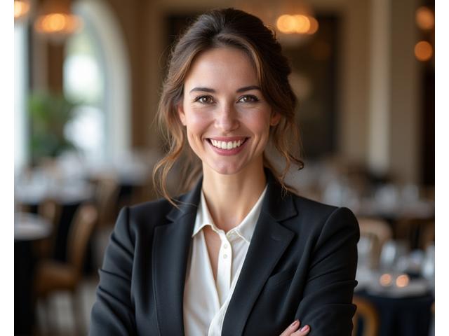 Portrait professionnel de Sophie Dupont, Directrice des Événements chez Étoile Cuisinière, souriante et prête à organiser.