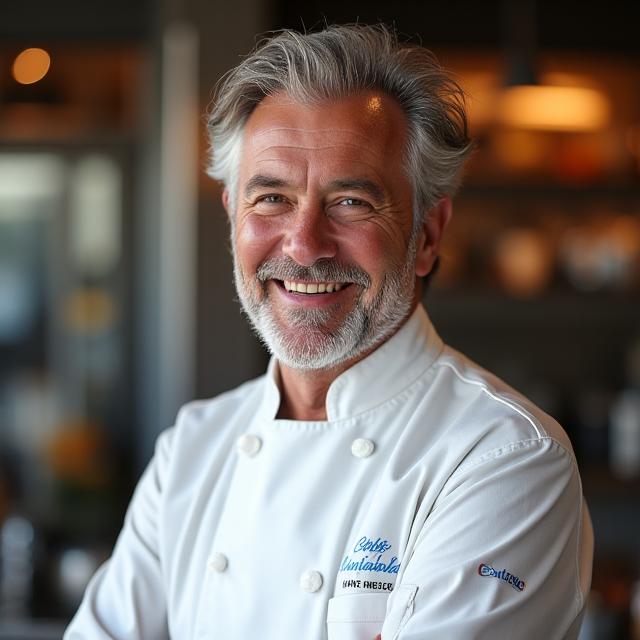 Portrait souriant de Monsieur Jean-Pierre Dubois, chef fondateur d'Étoile Cuisinière, dans une cuisine moderne.