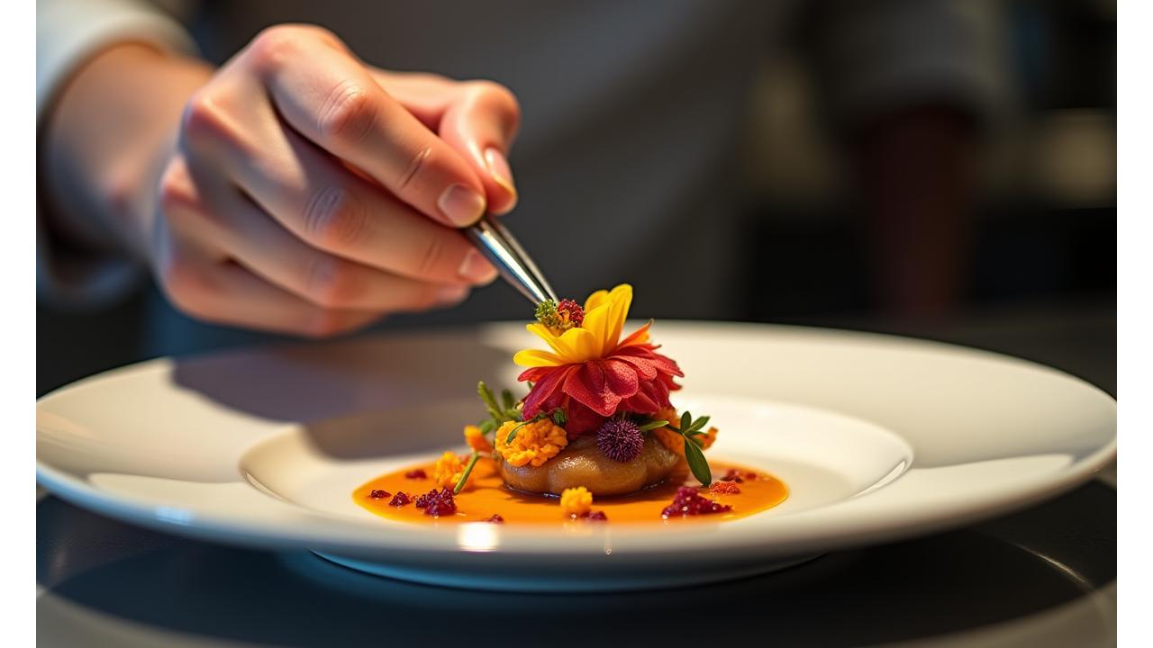 Une main de chef décorant une assiette gastronomique avec précision, symbolisant la passion pour la haute cuisine.