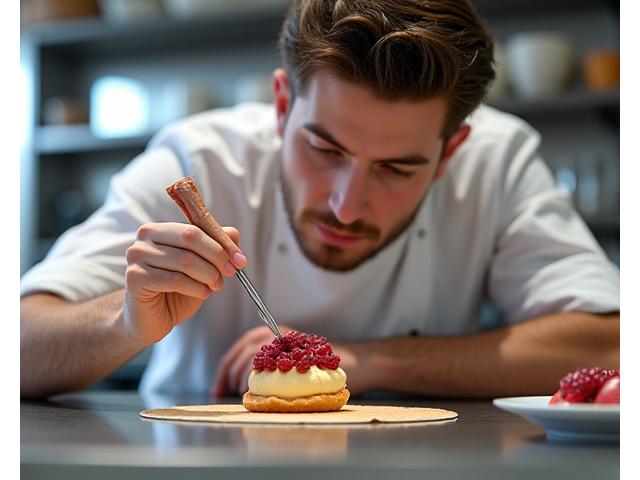 Portrait dynamique d'Antoine Girard, Chef Pâtissier d'Étoile Cuisinière, en pleine création d'une pâtisserie délicate.
