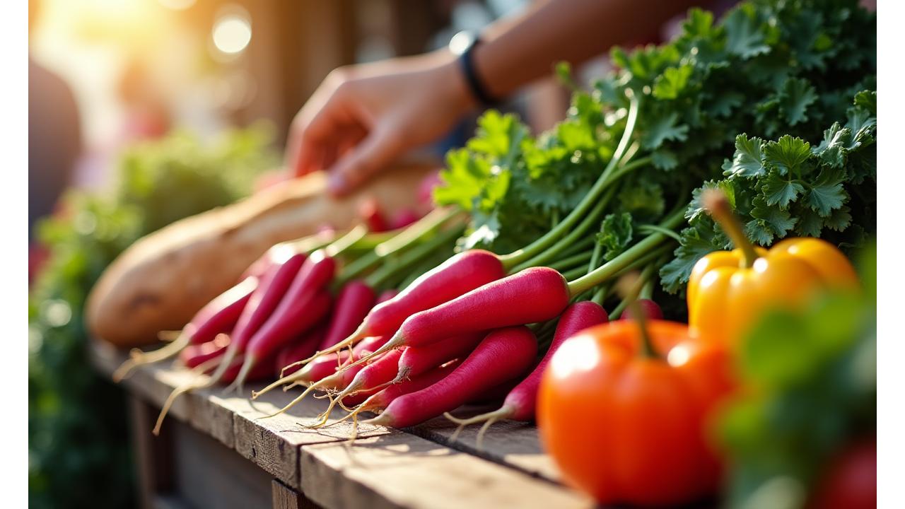 Gros plan sur des légumes frais et variés provenant d'un marché local, avec une main saisissant une carotte, symbolisant le sourcing responsable.