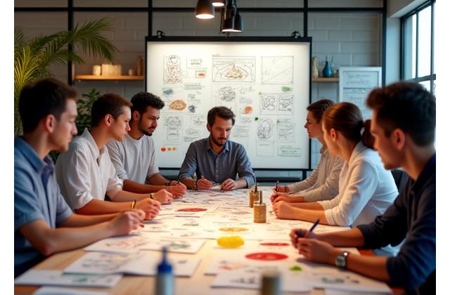 Équipe en réunion d'idéation, tableau blanc rempli d'idées de produits alimentaires innovants