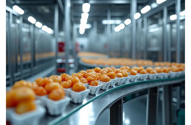 Ligne de production alimentaire automatisée avec emballages, dans une usine moderne
