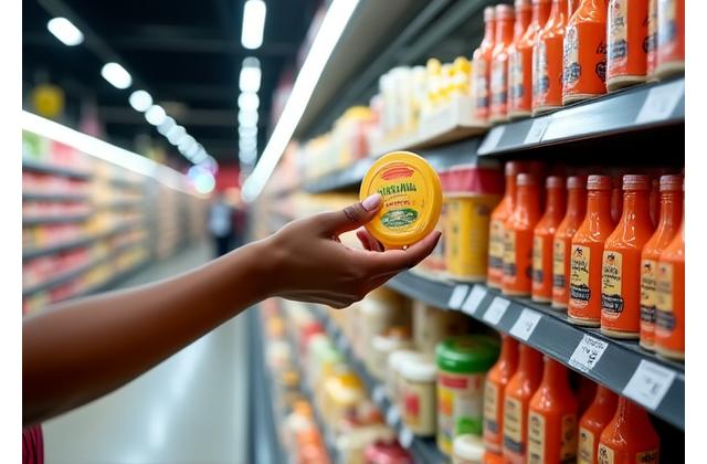 Produits alimentaires emballés sur des étagères de supermarché, un consommateur les choisissant