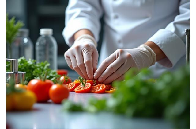 Main d'un chef travaillant sur une recette de produit alimentaire végétal en laboratoire culinaire