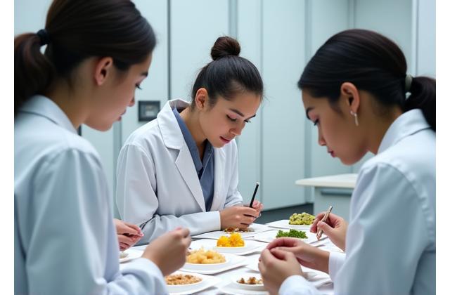 Panel de dégustation testant des échantillons de nouveaux produits alimentaires, prise de notes