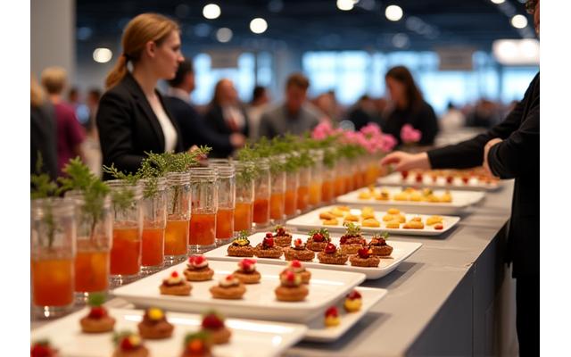 Large groupe de professionnels lors d'une convention, le stand Étoile Cuisinière avec des pâtisseries fines et des boissons élégantes