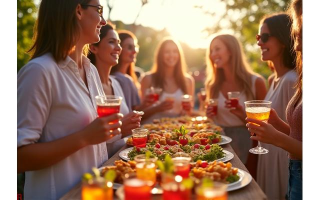 Entreprise célébrant un événement saisonnier, comme un cocktail de fin d'année, avec des rires, des toasts et un buffet festif