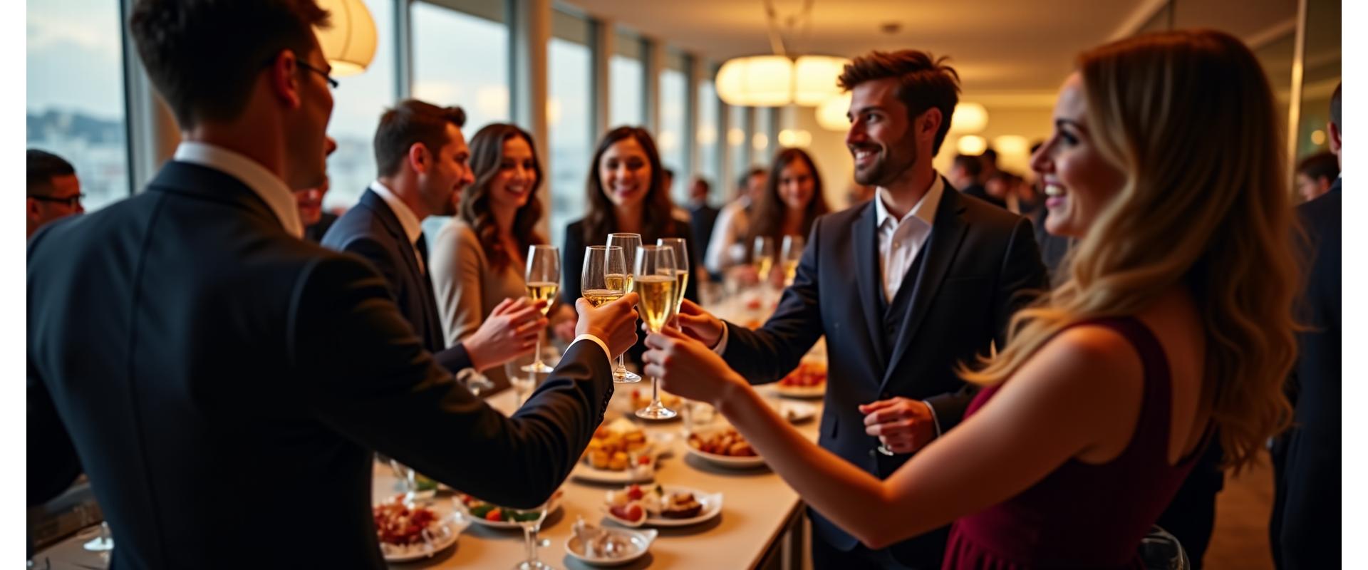 Professionnels en tenue élégante, discutant autour d'un cocktail dans un décor parisien moderne, symbole de networking réussi et d'événements d'entreprise prestigieux