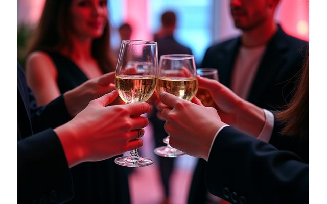 Cocktail dînatoire élégant lors d'un lancement de produit, avec des invités découvrant les nouveautés dans une atmosphère festive et sophistiquée