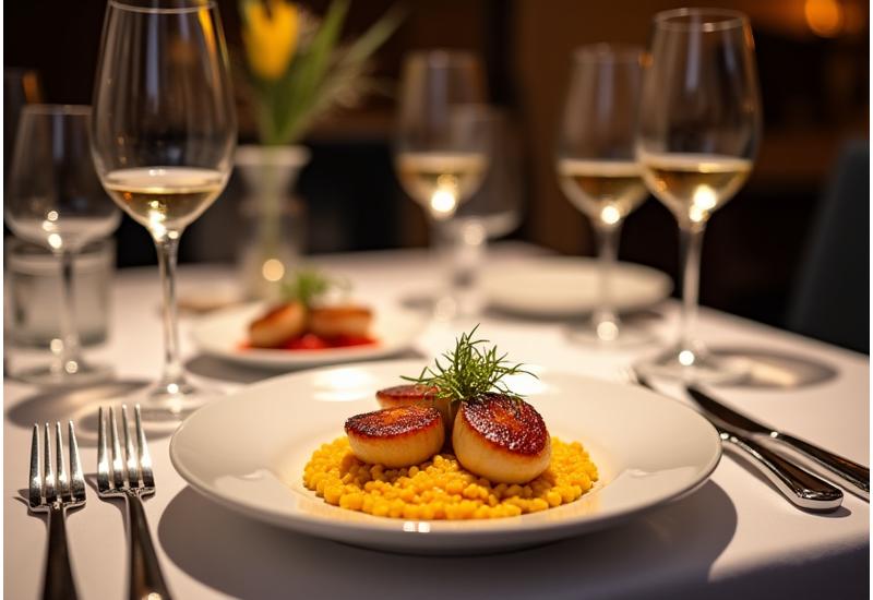 Vue élégante d'un dîner d'affaires, un repas gastronomique finement dressé sur une table en bois clair, avec des touches de design moderne.