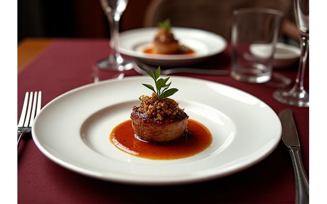 Repas d'affaires privé dans un cadre intime, avec des couverts élégamment dressés et des plats gastronomiques, symbolisant une négociation réussie