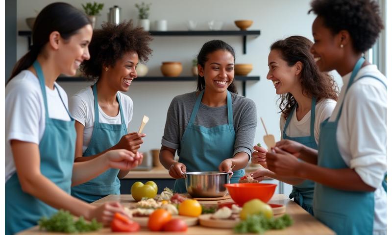 Une équipe d'employés hilares et soudés, travaillant ensemble sur une recette dans une cuisine professionnelle lors d'un atelier team building