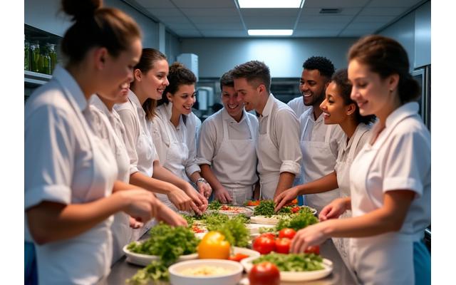 Équipe d'entreprise souriante et collaborant dans un atelier de cuisine, symbole de team building culinaire