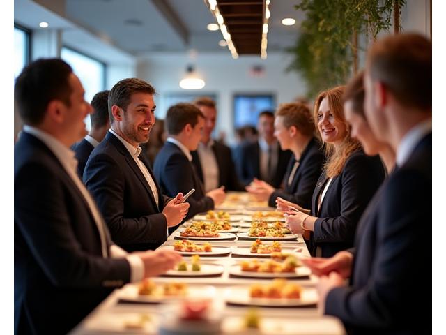 Participants à un séminaire d'entreprise autour d'une station de cuisine interactive.