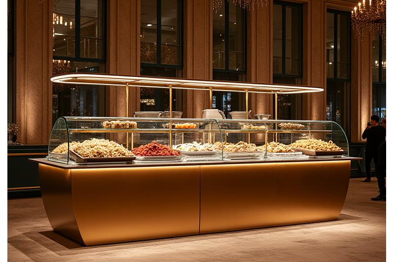 Vue générale d'une station culinaire en action lors d'un événement.