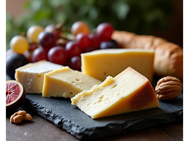 Table de fromages français variés avec fruits secs et pain.
