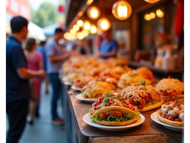 Tables de street food du monde entier avec des tacos, sushis et brochettes.