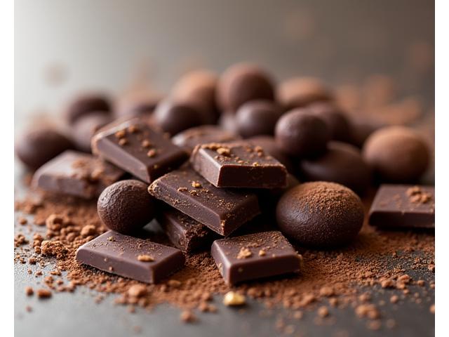 Assortiment de chocolats grands crus et fèves de cacao.