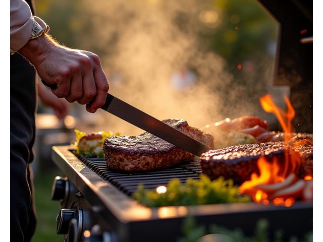 Chef grillant des viandes et légumes sur un grand barbecue extérieur.