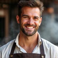 Portrait d'un grill master charismatique avec de la fumée de grill en arrière-plan.