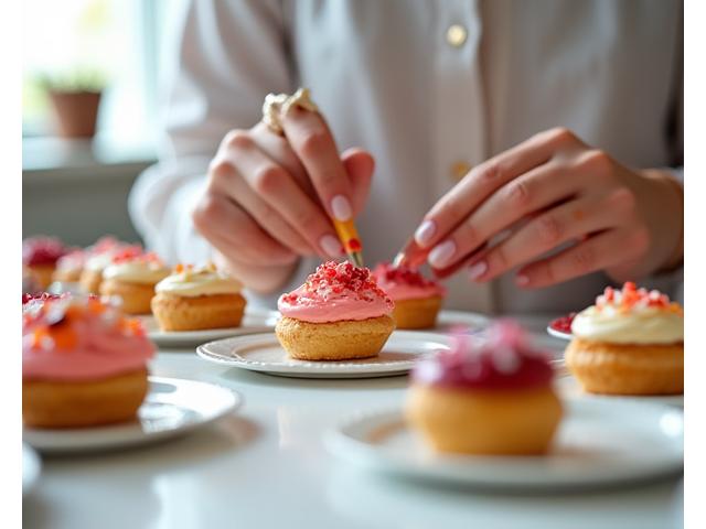 Invités décorant des pâtisseries fines lors d'un atelier interactif.