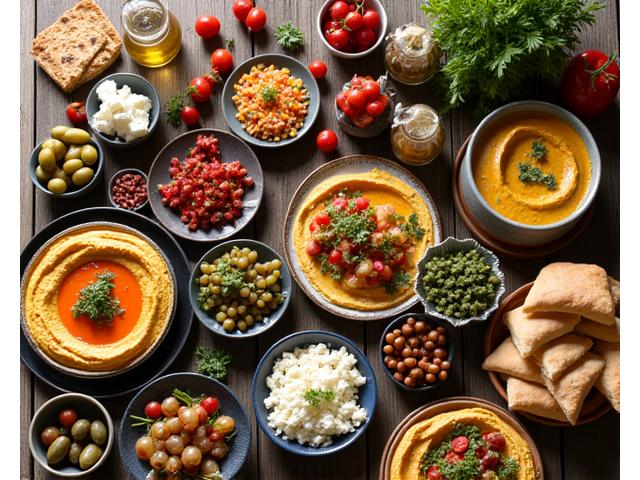 Table abondante de mezze méditerranéen avec houmous, olives et crudités.