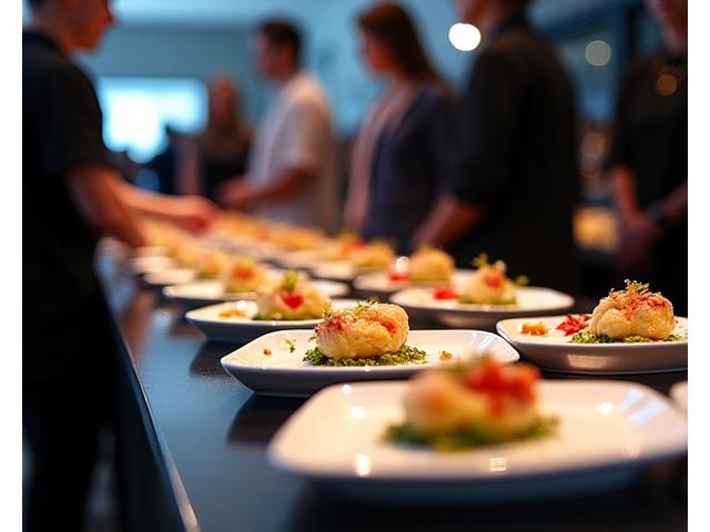 Invités dégustant de petits plats lors d'un lancement de produit gastronomique.