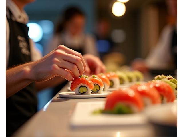 Chef japonais préparant des sushis frais lors d'un événement.