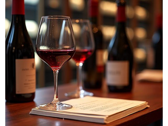 Sommelier présentant un vin rouge dans un verre élégant.