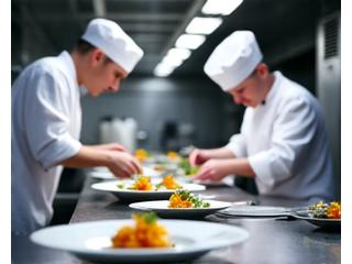 Chefs en cuisine professionnelle préparant des plats
