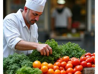 Chef sélectionnant des légumes frais au marché