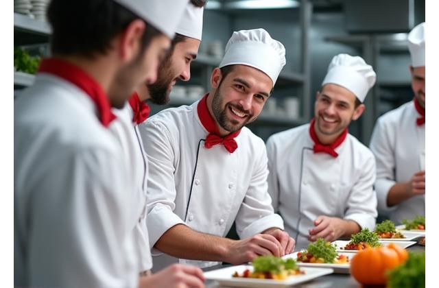 Équipe de chefs travaillant en cuisine professionnelle