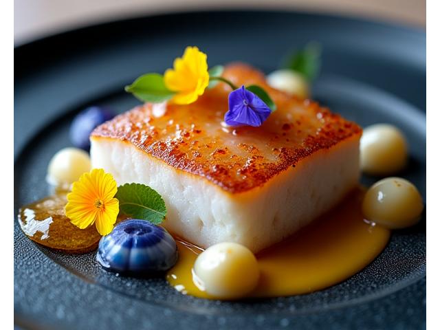 Plat moderne et créatif, poisson avec espuma et légumes croquants
