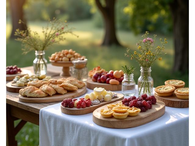 Buffet de mariage champêtre avec des plats rustiques et des éléments naturels