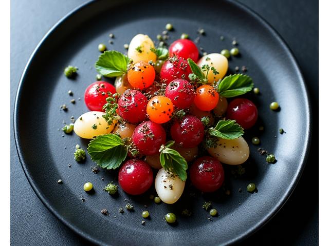 Plats de haute cuisine avec des techniques culinaires avancées présentés sur des assiettes design
