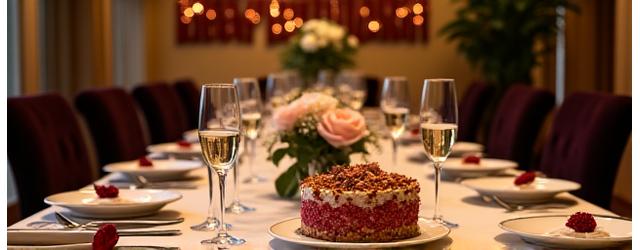 Table d'anniversaire luxueuse avec gâteau et champagne