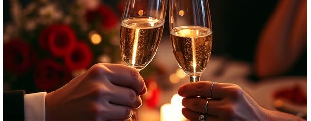 Couple trinquant avec du champagne à un dîner romantique éclairé aux bougies