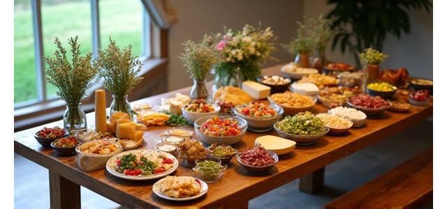 Buffet de style champêtre avec des fromages locaux, des charcuteries et des pains artisanaux présentés sur des rondins de bois