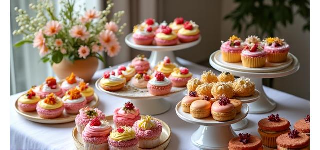 Table de desserts de mariage champêtre avec des tartes aux fruits frais, des macarons colorés et des gâteaux rustiques