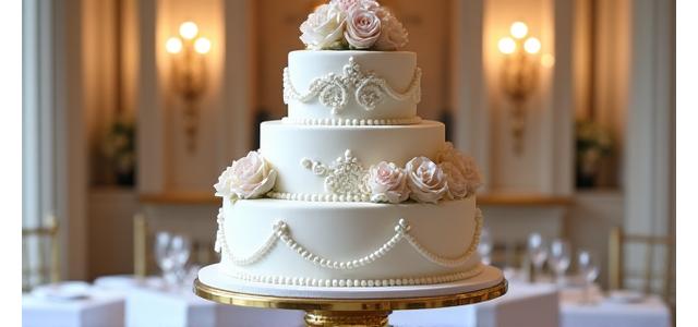 Pièce montée de mariage classique et élégante, ornée de fleurs blanches et de détails en sucre