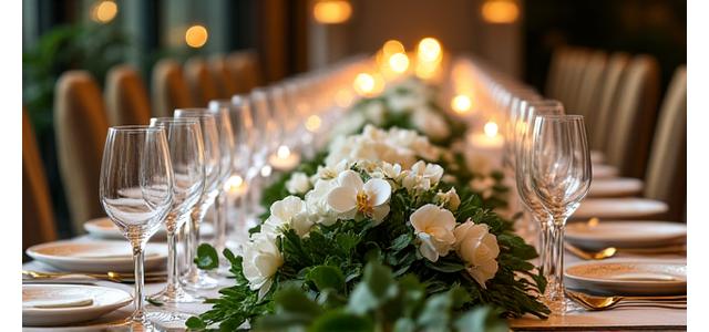 Table principale de mariage somptueusement décorée avec des arrangements floraux luxuriants et des chandeliers dorés