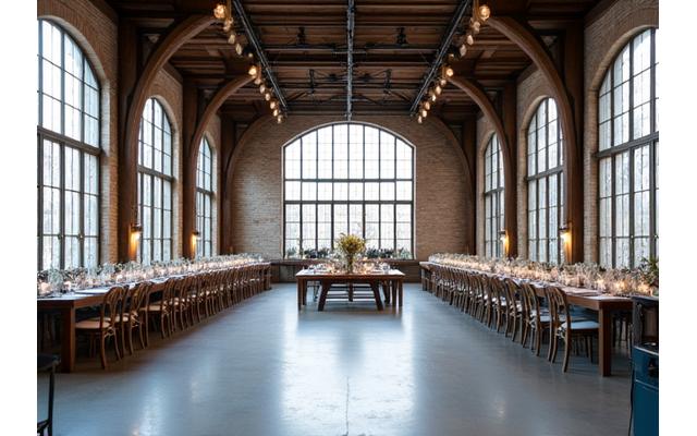 Ancien loft industriel rénové avec des poutres apparentes et de grandes fenêtres, décoré pour un événement