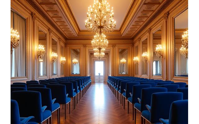 Intérieur opulent d'un palace parisien, avec des lustres et des décorations dorées
