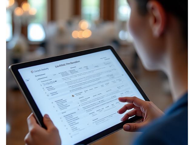 Coordinateur d'événements vérifiant un plan de table et une chronologie sur une tablette