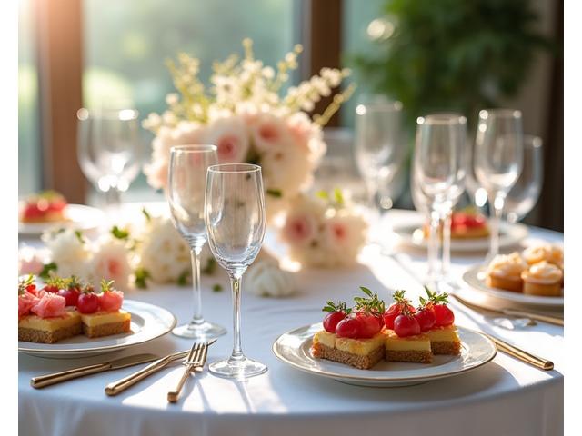 Table de mariage élégamment dressée avec des fleurs, des bougies et de la vaisselle raffinée