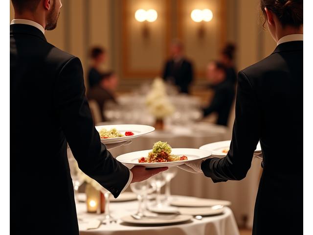 Serveurs élégamment vêtus présentant des plats dans une salle de réception de mariage