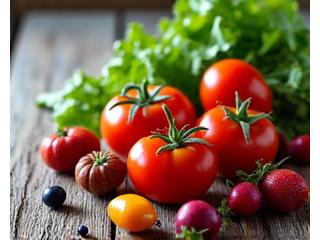 Assortiment de légumes frais et biologiques sur une surface en bois, symbolisant une alimentation saine.
