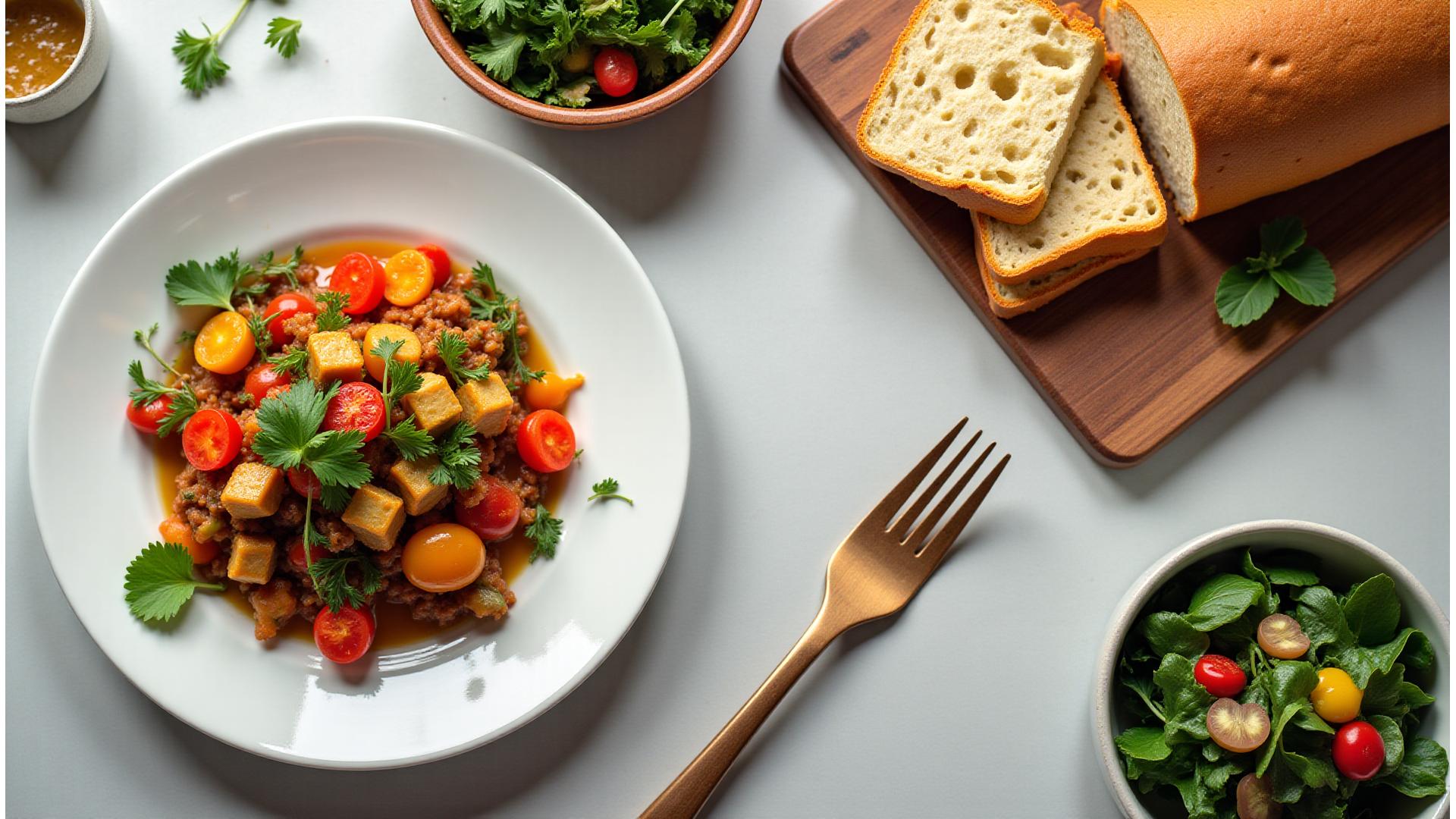 Assortiment de plats gastronomiques sains et colorés, incluant options végétariennes, sans gluten et véganes, présentés de manière élégante.