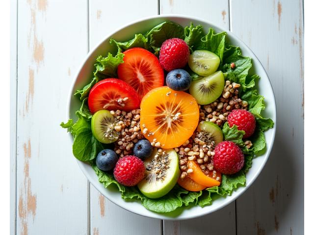 Bol coloré de salade détox avec des graines, des avocats et des légumes verts feuillus.